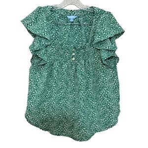 Draper James RSVP Green Large Floral‎ Flounce Smocked Top Flutter Sleeve Peasant